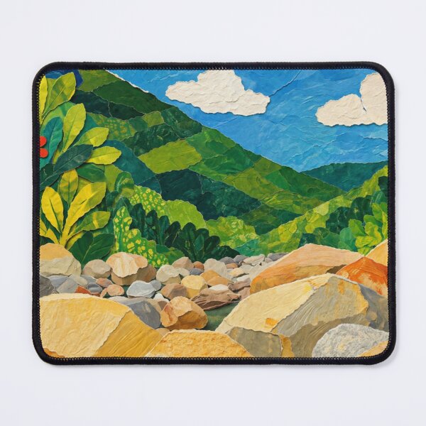 Item preview, Rocky River Bed with Green Hills, Papercut Collage, Mixed Media Digital Illustration designed and sold by SWSandraWechner.