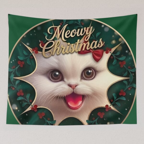 Artikelvorschau, Miau-Weihnachten – Flauschiges weißes Perserkatzengesicht, fröhlicher Feiertagsrahmen entworfen und verkauft von Good Vibes .