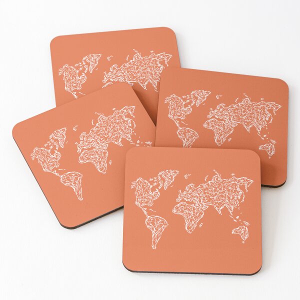 Item preview, World Map Illustration Handdrawn Ink Line Drawing Orange Coral designed and sold by SWSandraWechner.