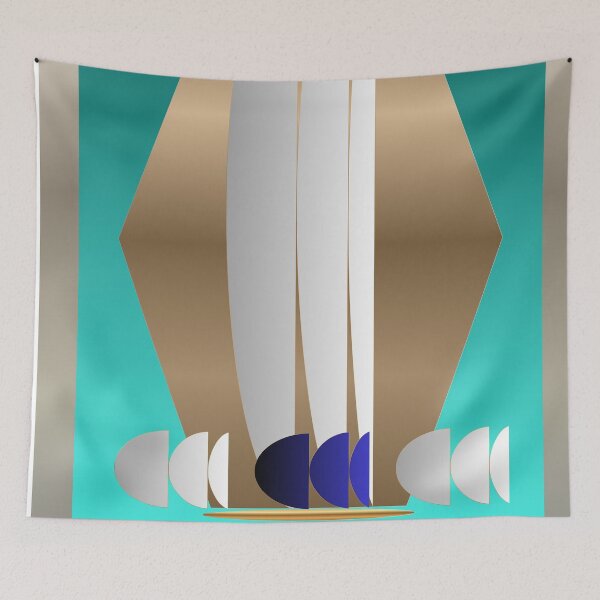 Artikelvorschau, Minimalistisches geometrisches Segelboot – Moderne Küstenkunst in Türkis, Weiß und Gold entworfen und verkauft von Dee Tirang.
