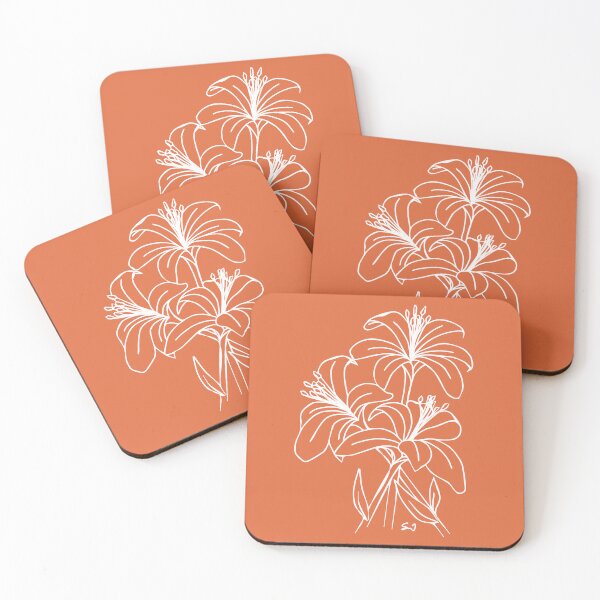Item preview, Bouquet of 3 Lily Flowers, Line Drawing Symmetric Minimalist Aesthetic Natural Design Orange Coral designed and sold by SWSandraWechner.