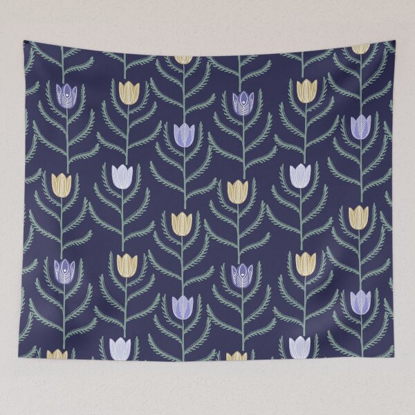 Item preview, Scandinavian Tulip Floral Pattern on Navy Botanical Throw Pillow designed and sold by FestivityFinds.