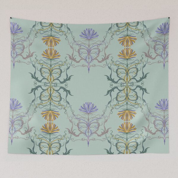 Aperçu de l'œuvre Coussin décoratif vert sauge orné d'un motif botanique Art nouveau symétrique. créée et vendue par FestivityFinds.