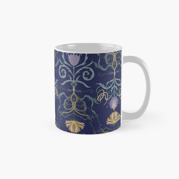 Artikelvorschau, Elegantes marineblaues Dekokissen mit floralem Symmetriemuster im Jugendstil entworfen und verkauft von FestivityFinds.