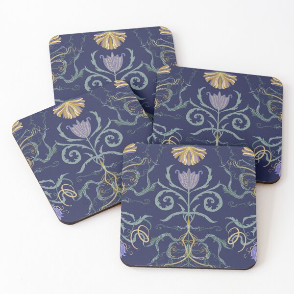 Artikelvorschau, Elegantes marineblaues Dekokissen mit floralem Symmetriemuster im Jugendstil entworfen und verkauft von FestivityFinds.