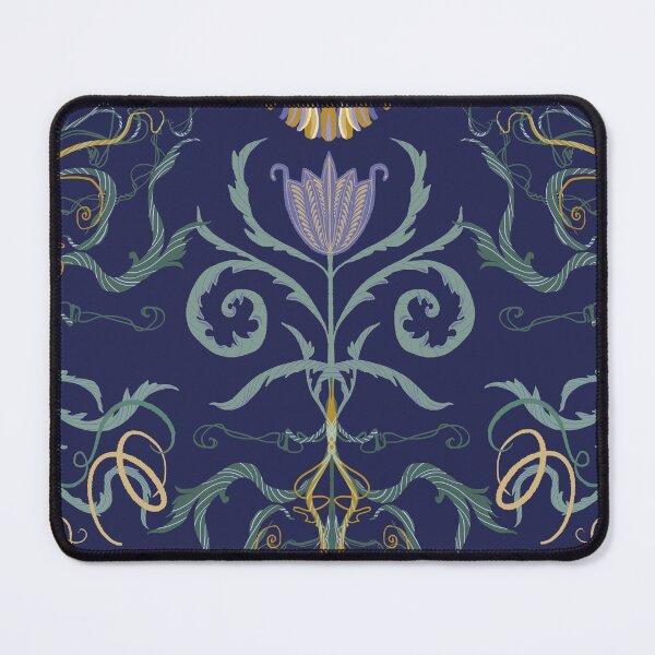 Artikelvorschau, Elegantes marineblaues Dekokissen mit floralem Symmetriemuster im Jugendstil entworfen und verkauft von FestivityFinds.