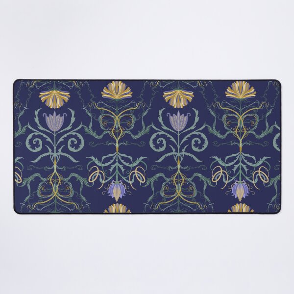 Artikelvorschau, Elegantes marineblaues Dekokissen mit floralem Symmetriemuster im Jugendstil entworfen und verkauft von FestivityFinds.