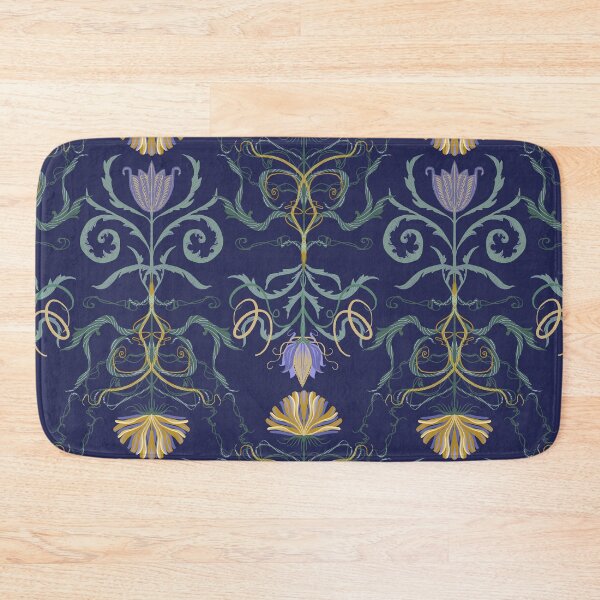 Artikelvorschau, Elegantes marineblaues Dekokissen mit floralem Symmetriemuster im Jugendstil entworfen und verkauft von FestivityFinds.