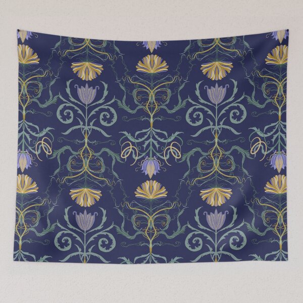 Aperçu de l'œuvre Coussin décoratif bleu marine élégant à motif floral Art nouveau symétrique créée et vendue par FestivityFinds.
