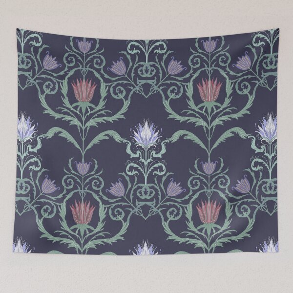 Aperçu de l'œuvre Coussin décoratif élégant bleu marine à motif floral Art nouveau. créée et vendue par FestivityFinds.