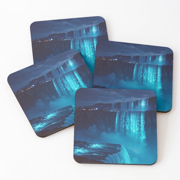 Item preview, Glowing Blue Waterfall at Night – Mystical Bioluminescent Cascade Landscape designed and sold by BeautifulVirtues.