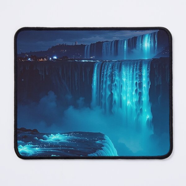 Item preview, Glowing Blue Waterfall at Night – Mystical Bioluminescent Cascade Landscape designed and sold by BeautifulVirtues.