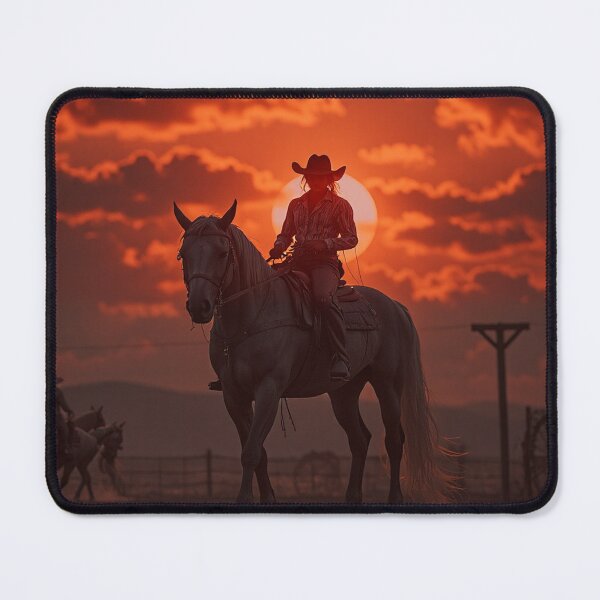 Item preview, Cowgirl on Horseback at Sunset – Cinematic Western Silhouette Scene designed and sold by BeautifulVirtues.