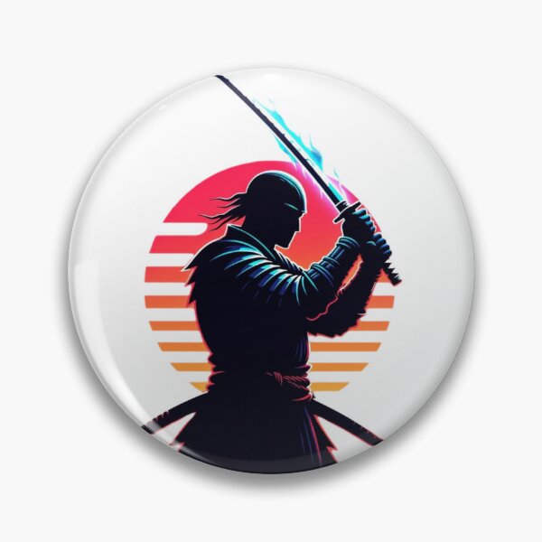 Artikelvorschau, Neonfarbene Samurai-Silhouette vor Retro-Sonnenuntergang – Illustration eines japanischen Kriegers entworfen und verkauft von Sky-bully.