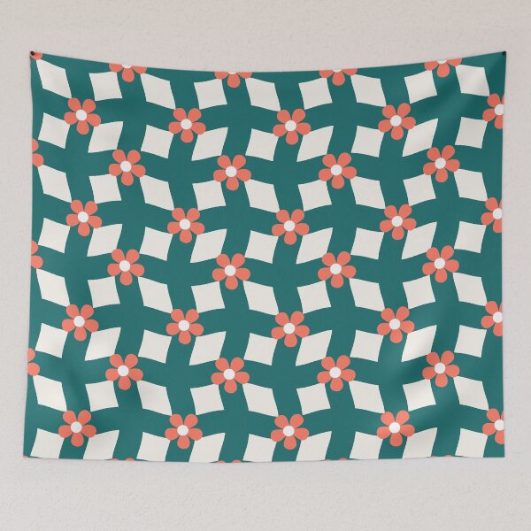 Item preview, Retro Wavy Checkerboard Coral Floral Pattern designed and sold by PetiteEthos.
