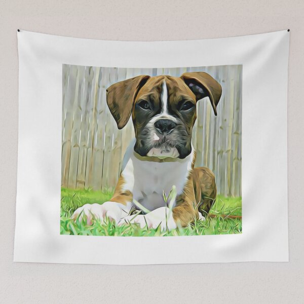 Item preview, A young Boxer puppy sitting in the grass. designed and sold by ZoroDesign.