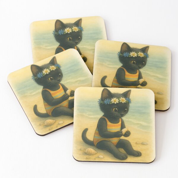 Item preview, Vintage Black Kitten at Beach designed and sold by MoonfurStudio.