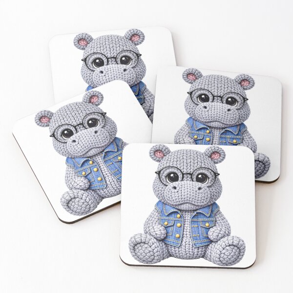 Item preview, Cute Crochet Hippo Wearing Glasses and Denim Vest Kids Illustration designed and sold by GogaVibeRe.
