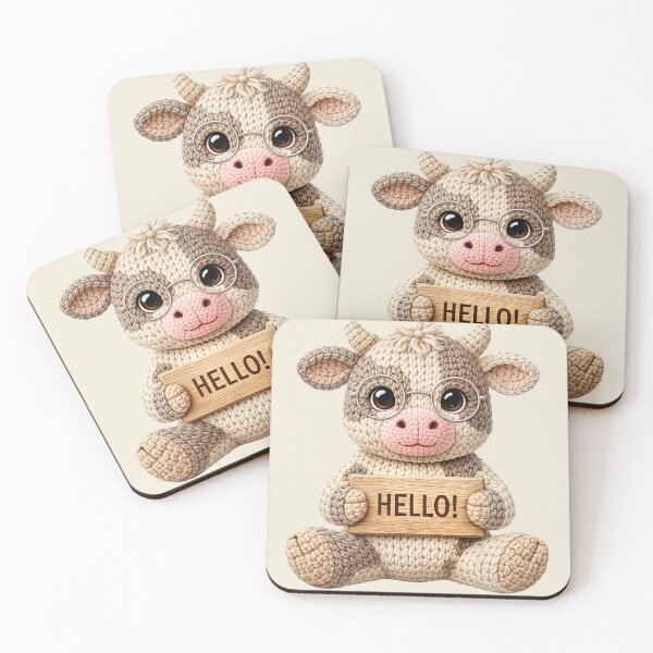 Item preview, Cute Crochet Look Cow Holding Hello Sign Kid Illustration designed and sold by GogaVibeRe.