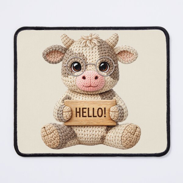 Item preview, Cute Crochet Look Cow Holding Hello Sign Kid Illustration designed and sold by GogaVibeRe.