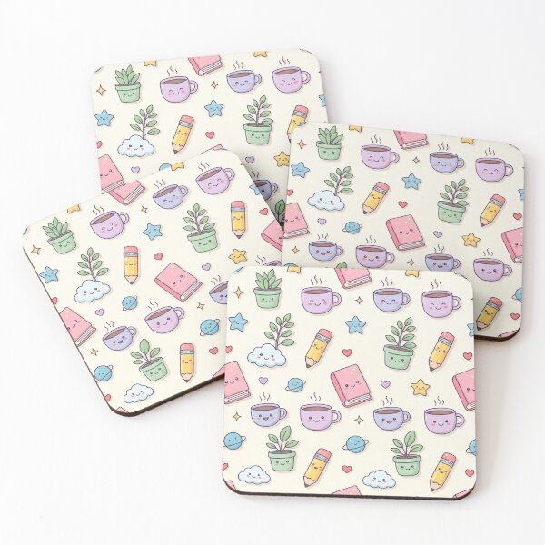 Item preview, Cute Kawaii Doodle Pattern – Pastel Cartoon Book,Pencil, Cup & Happy Objects designed and sold by RushVibeWear.