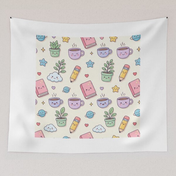 Item preview, Cute Kawaii Doodle Pattern – Pastel Cartoon Book,Pencil, Cup & Happy Objects designed and sold by RushVibeWear.