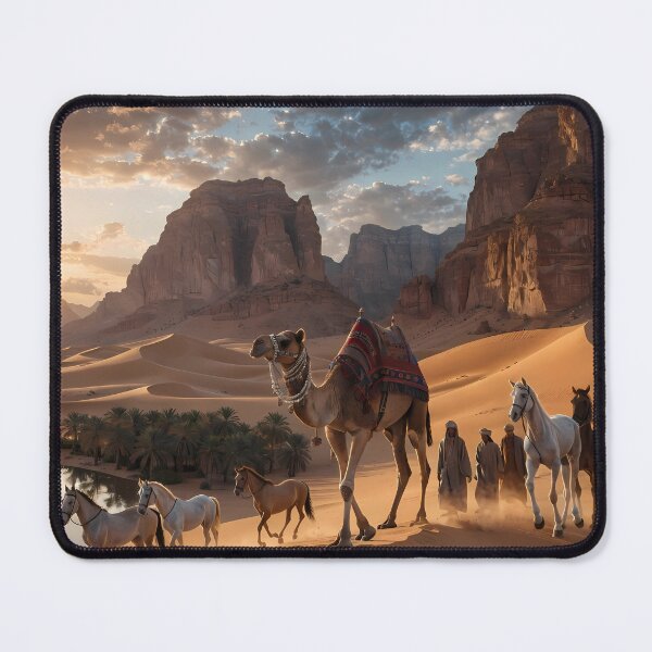 Item preview, Arabian Desert Caravan at Sunset – Camel & Horses Oasis Landscape Art designed and sold by TrendThreadsfor.