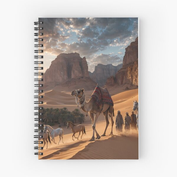 Item preview, Arabian Desert Caravan at Sunset – Camel & Horses Oasis Landscape Art designed and sold by TrendThreadsfor.