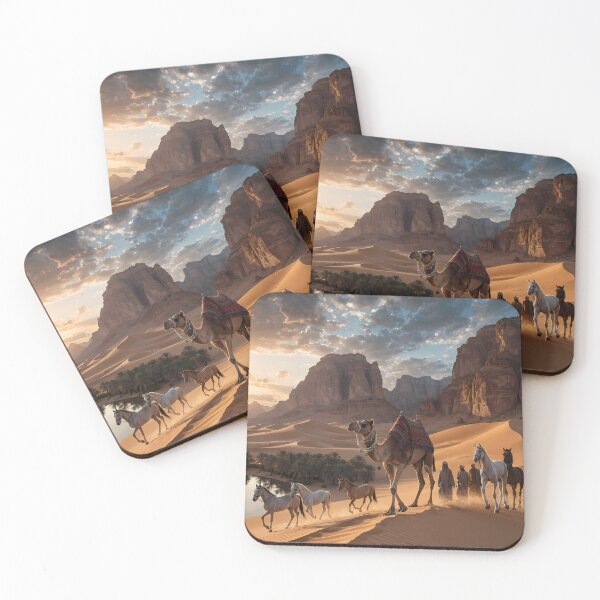 Item preview, Arabian Desert Caravan at Sunset – Camel & Horses Oasis Landscape Art designed and sold by TrendThreadsfor.