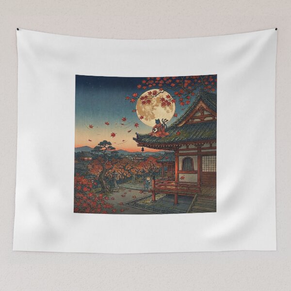 Item preview, Black Cat Spirit Playing Shamisen by Moonlight — Nekomata Tsukiyo no Zu | Japanese Ukiyo-e Cat Art designed and sold by Ukiyo Neko Hyakkei - Cats of the Floating World-.