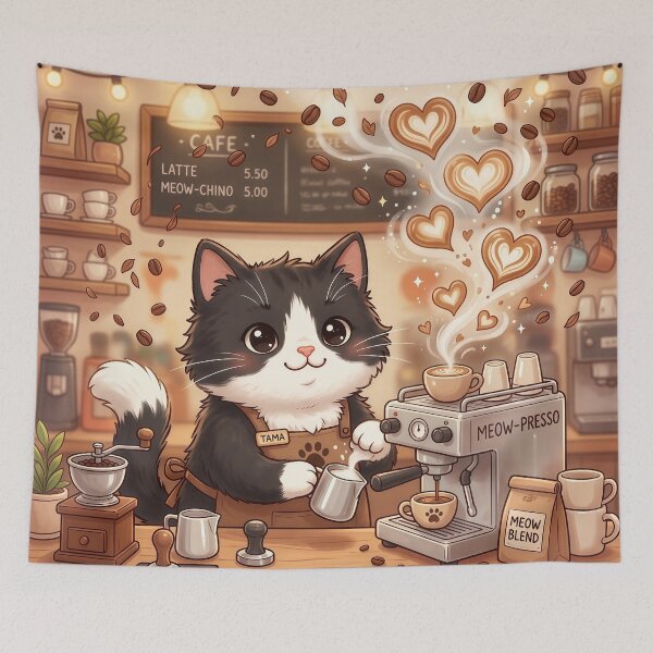 Item preview, Kawaii Cat Barista Coffee Lover – Cute Café Kitty Making Meow-presso Latte designed and sold by Furfolkz.