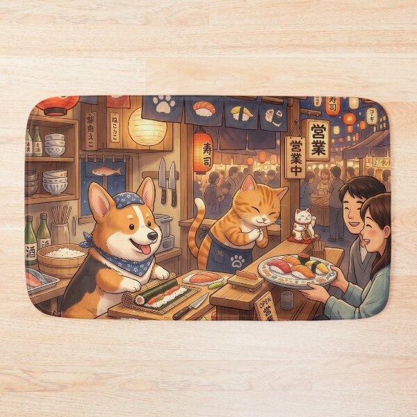 Item preview, Kawaii Cat & Corgi Sushi Shop – Cute Japanese Street Food Animal Illustration designed and sold by Furfolkz.