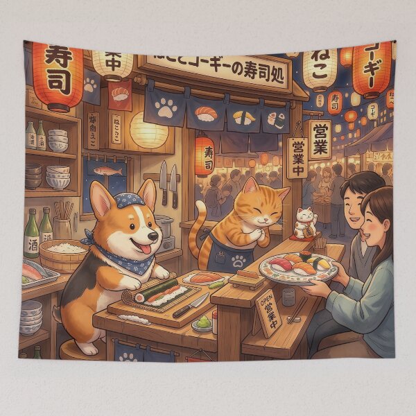 Item preview, Kawaii Cat & Corgi Sushi Shop – Cute Japanese Street Food Animal Illustration designed and sold by Furfolkz.