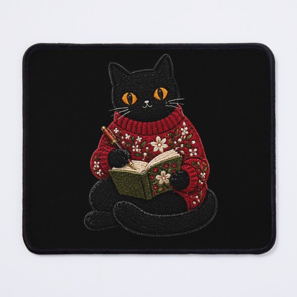 Item preview, Writer Black Cat in Embroidered Sweater – Cute Bookish Cat Cozy Aesthetic Illustration designed and sold by ColorSplash123.
