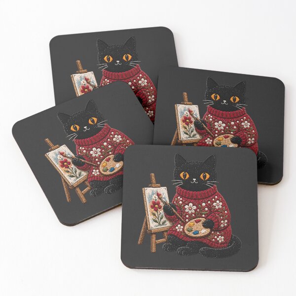 Item preview, Painting Cat with Brush & Palette – Cute Artistic Black Cat in Red Sweater Aesthetic designed and sold by ColorSplash123.