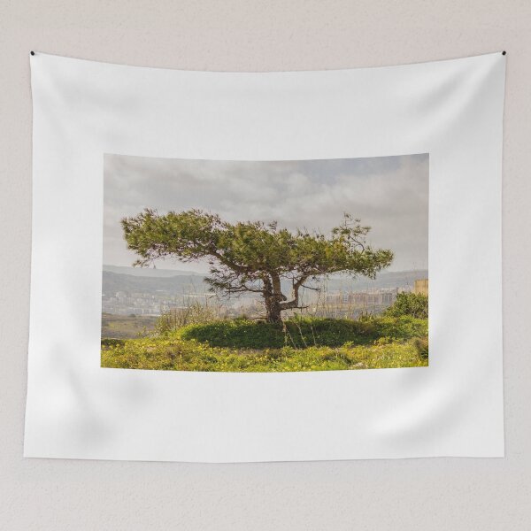 Item preview, Windswept Lone Tree on a Green Hillside Overlooking Distant Town and Valleys Under Cloudy Sky designed and sold by Nmallia.