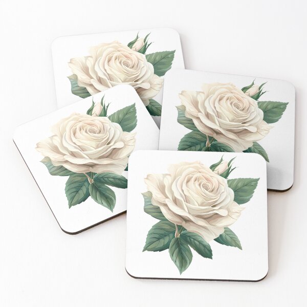 Item preview, Elegant White Rose with Green Leaves - Classic Romantic Floral Art Print designed and sold by DesignArtist.ia.