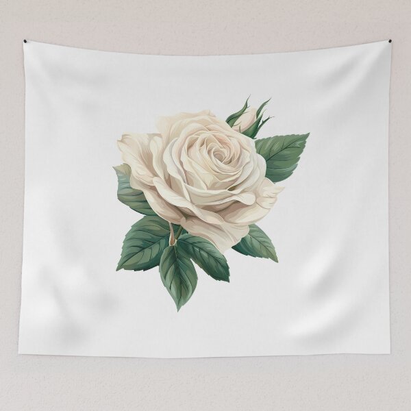 Item preview, Elegant White Rose with Green Leaves - Classic Romantic Floral Art Print designed and sold by DesignArtist.ia.