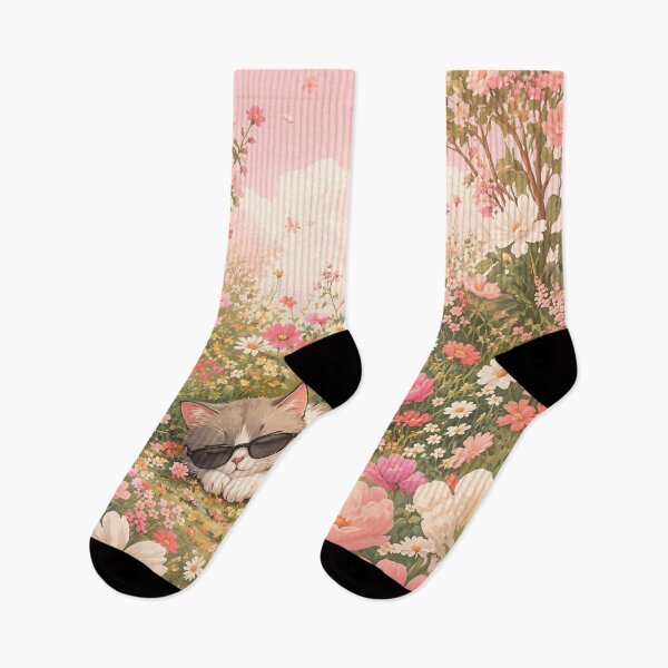 Item preview, Dreamy Pink Flower Garden Cat – Cozy Aesthetic Sleeping Cat Floral Art designed and sold by IconicDesignsXd.