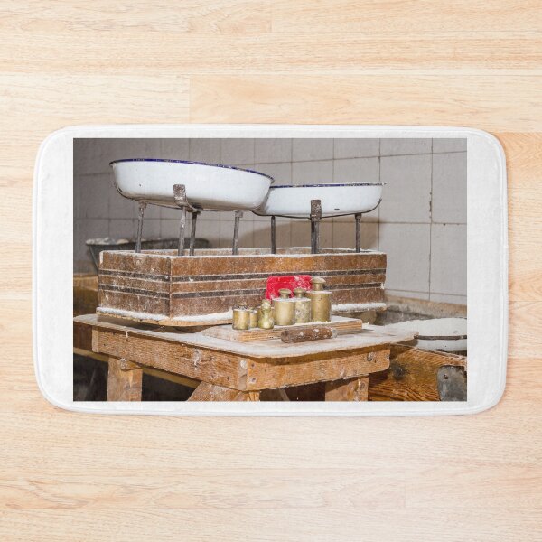 Item preview, Vintage Kitchen Scale With Brass Weights and Enamel Pans on Rustic Wooden Table in Bakery designed and sold by Nmallia.