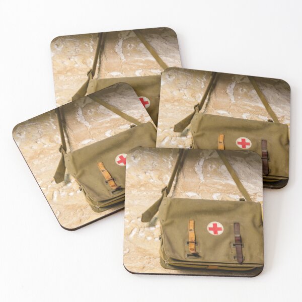 Item preview, Vintage Red Cross Canvas Medical Bag Hanging on Stone Wall, Military First Aid Satchel designed and sold by Nmallia.