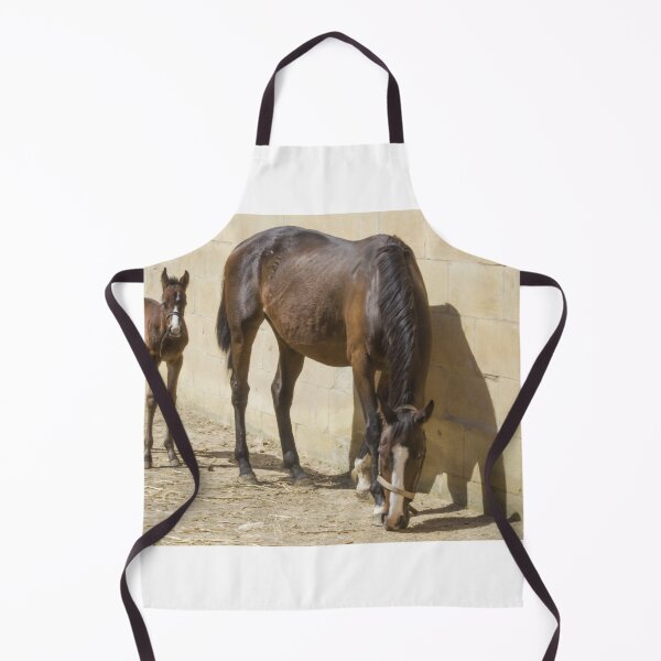 Item preview, Mare and Foal Standing in Sunlit Stable Eating Hay Beside Stone Barn Wall designed and sold by Nmallia.