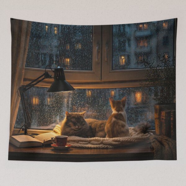 Item preview, Cozy Rainy Window Cats – Aesthetic Night Reading Vibe Notebook Design designed and sold by IconicDesignsXd.