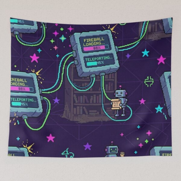 Item preview, 8-Bit Cyber Spellbook Tablet Loading Fireball Magic Pixel Art Pattern designed and sold by InnerwayStudio.
