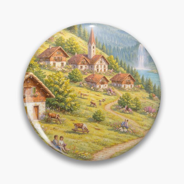 Item preview, Naïve Mountain Village Landscape – Soft Pastel Alpine Countryside Illustration designed and sold by DrizzyV.