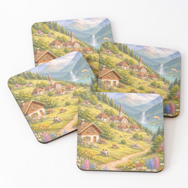 Item preview, Naïve Mountain Village Landscape – Soft Pastel Alpine Countryside Illustration designed and sold by DrizzyV.