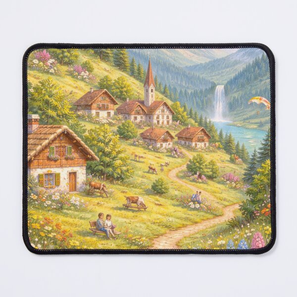 Item preview, Naïve Mountain Village Landscape – Soft Pastel Alpine Countryside Illustration designed and sold by DrizzyV.
