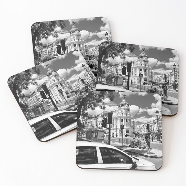 Item preview, Taxi in Metropolis building, Madrid city - black and white - Aesthetic urban photo designed and sold by Feroz Pics.