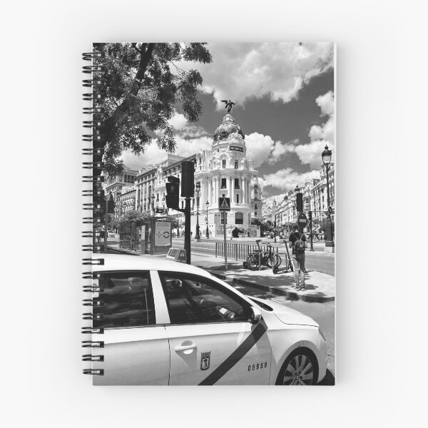 Item preview, Taxi in Metropolis building, Madrid city - black and white - Aesthetic urban photo designed and sold by Feroz Pics.