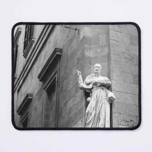 Item preview, Historic Stone Statue On Corner Of Old Building In Black And White Urban Architecture Photograph designed and sold by Nmallia.
